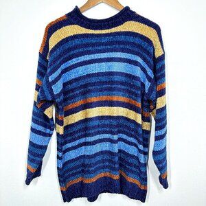 Vintage‎ Chenille Blue Gold Striped Mockneck Sweater 90s Size Medium